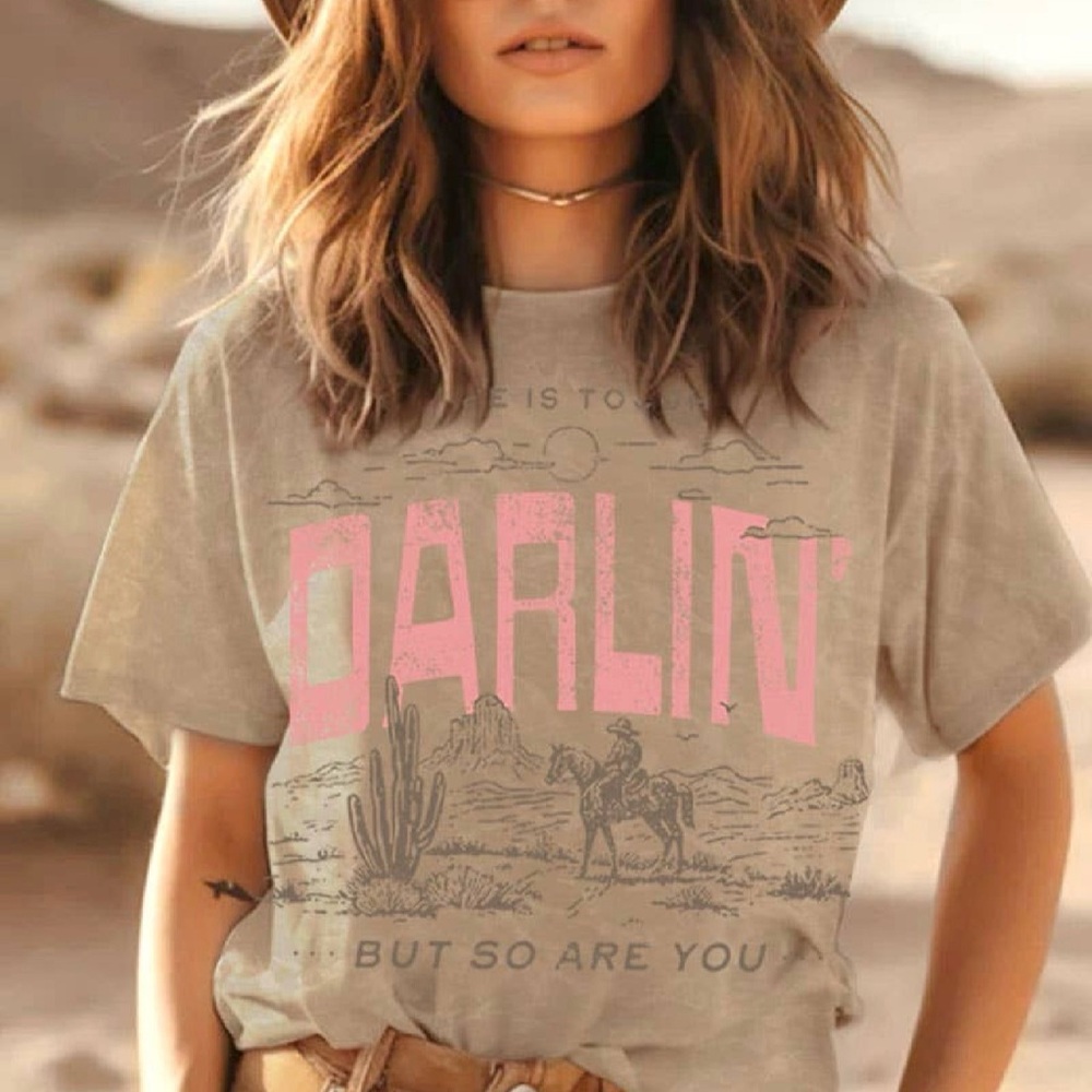 Darlin' Graphic Tee - Pink Print on Taupe